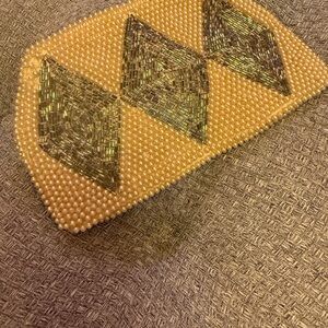 Dainty Vintage Beaded Pearl and Geometric Silver Clutch